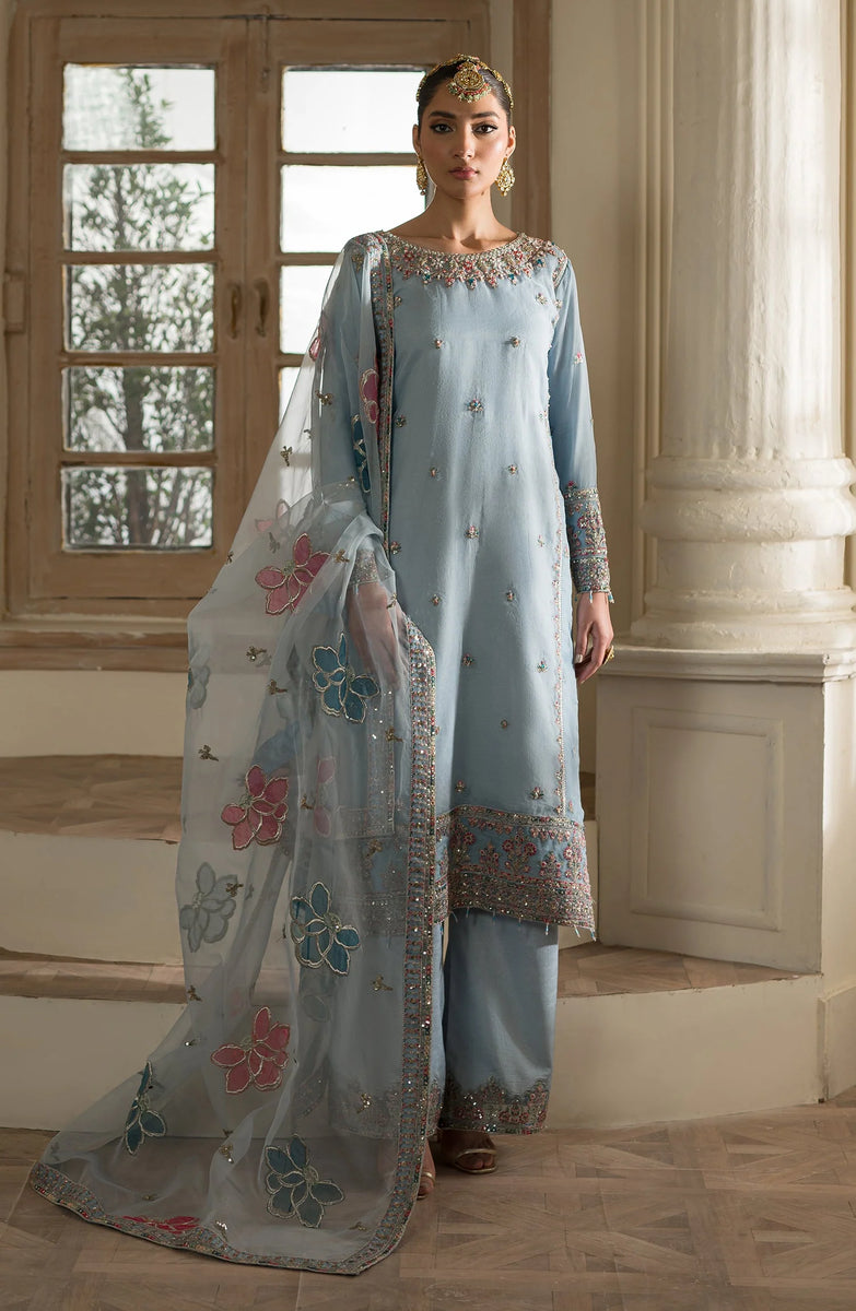 Silk Embroidery Dress Pakistani Blue Pure Raw Silk Dress