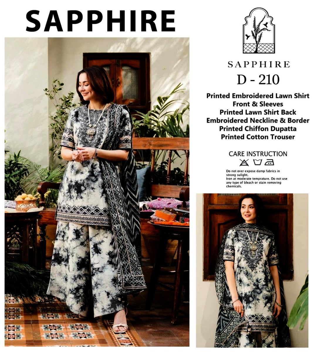 Sapphire 3 Piece Lawn Embroidered Dress Organza Dupatta WC726 main image 0