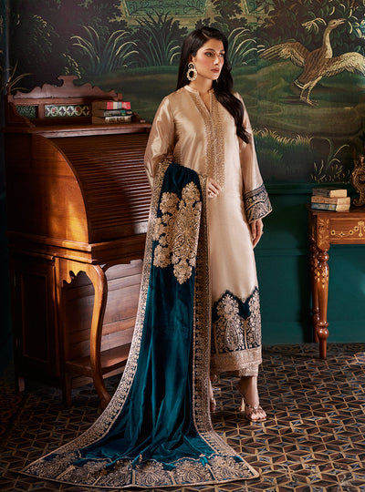 Zainab Chottani AMBER Mesuri Tissue With 9000 micro Velvet Shawl 3 pc - 09866