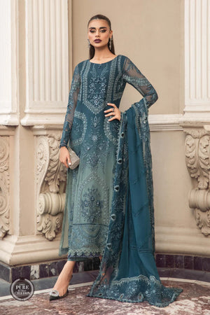 MariaB Embroidered TEAL BLUE Chiffon 3 pc - 09689