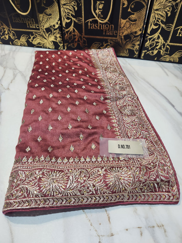 Original Indian Saree Burberry Chiffon Embroidered Zari Tilla & Stone Work - 0081