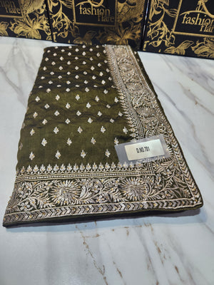 Original Indian Saree Burberry Chiffon Embroidered Zari Tilla & Stone Work - 0082