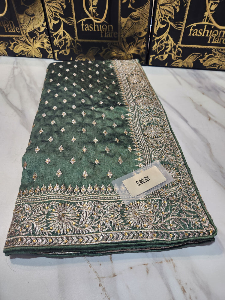 Original Indian Saree Burberry Chiffon Embroidered Zari Tilla & Stone Work - 0085