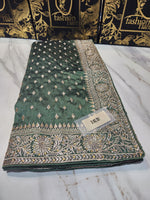 Original Indian Saree Burberry Chiffon Embroidered Zari Tilla & Stone Work - 0085