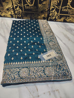 Original Indian Saree Burberry Chiffon Embroidered Zari Tilla & Stone Work - 0086