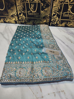 Original Indian Saree Burberry Chiffon Embroidered Zari Tilla & Stone Work - 0087