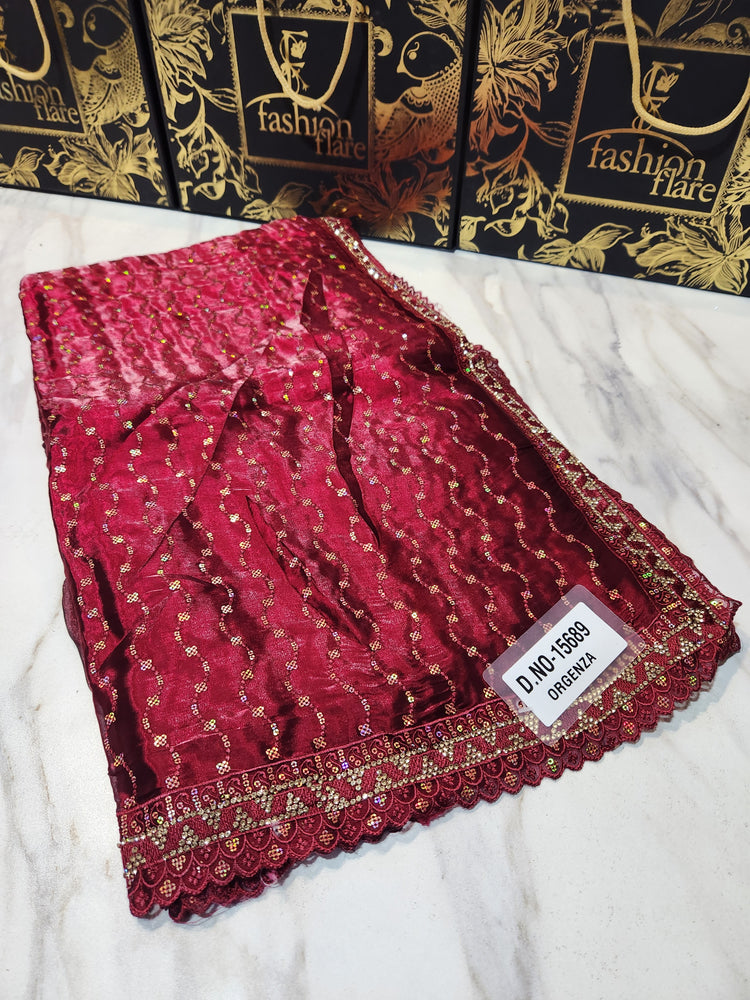 Original Indian Saree Burberry Organza Embroidered with Zircon Stone - 0110