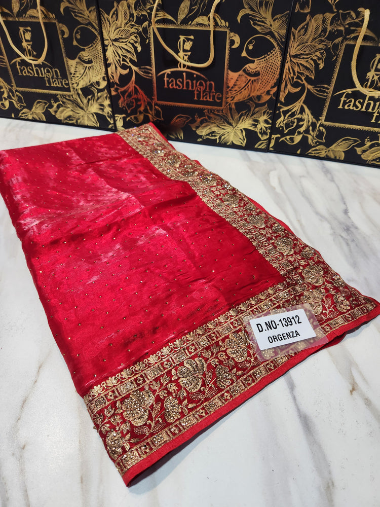 Original Indian Saree Burberry Organza Zari Tilla Embroidered with Zircon Stone - 0173