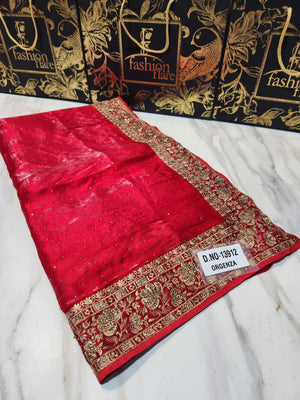 Original Indian Saree Burberry Organza Zari Tilla Embroidered with Zircon Stone - 0173