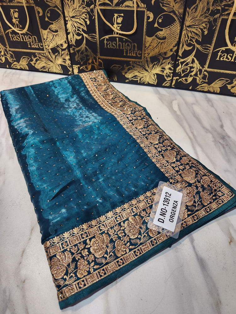 Original Indian Saree Burberry Organza Zari Tilla Embroidered with Zircon Stone - 0172