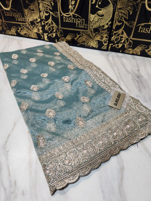 Original Indian Saree Royal Net Embroidered - 0215