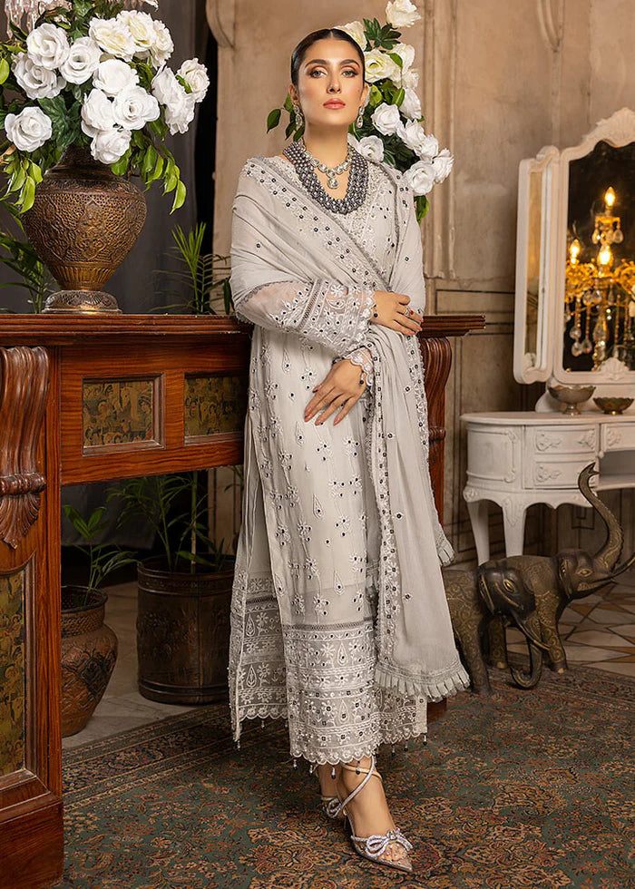 
            
                Load image into Gallery viewer, Designer Embroidered CLOUD GRAY Chiffon 3 pc - 08727
            
        