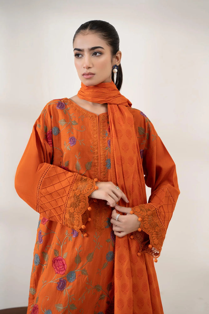 MariaB Evening Wear Embroidered Cotton 3 pc - 09684 - ORANGE