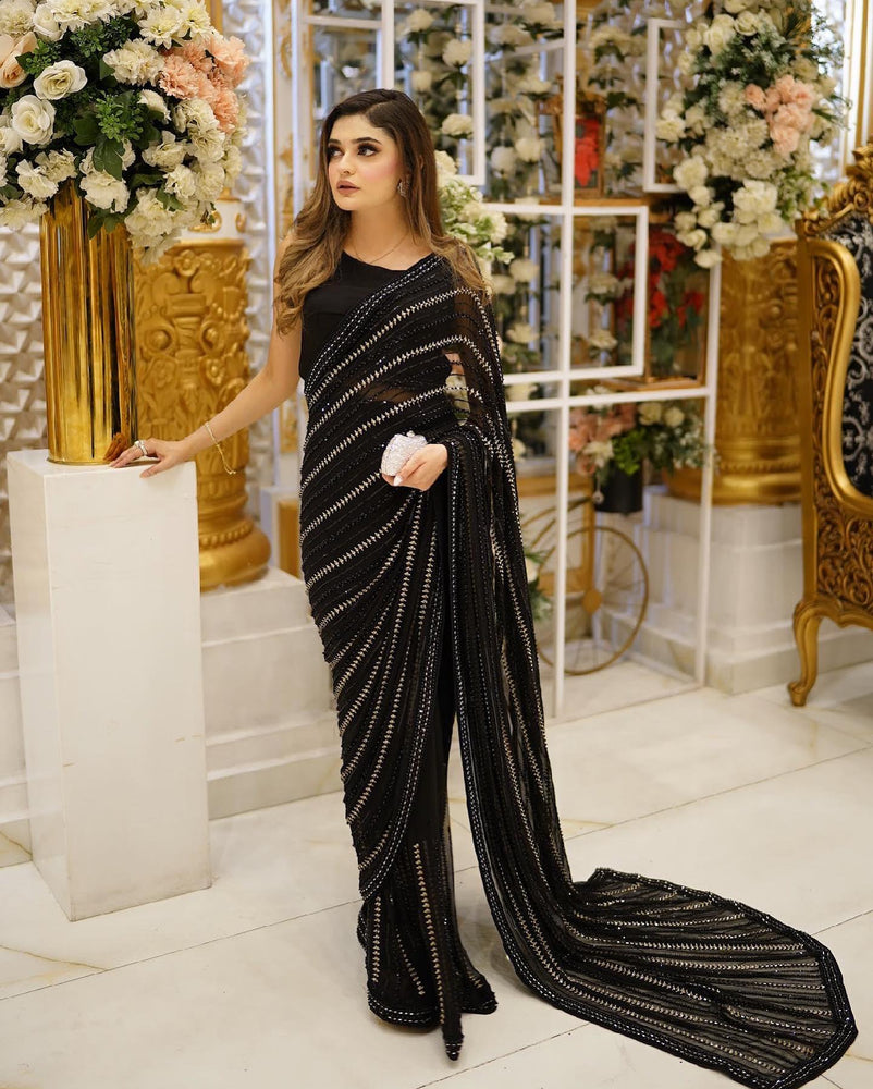 Saba Rajput Saba Rajput BLACK BEADS Chiffon Saree - 09238 – Fashion Flare