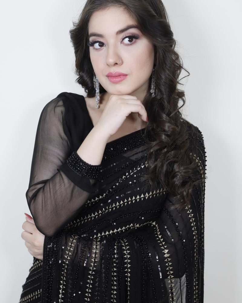 Saba Rajput Saba Rajput BLACK BEADS Chiffon Saree - 09238 – Fashion Flare