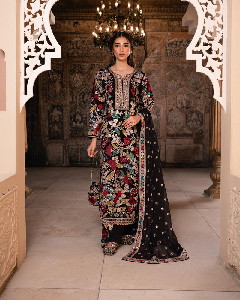 Haseens MEHNAAZ Velvet Festive Embroidered 3 Piece Dress - 20429