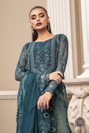 MariaB Embroidered TEAL BLUE Chiffon 3 pc - 09689