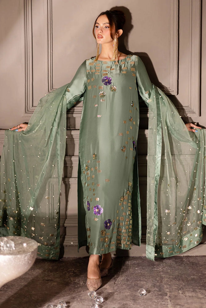 Nureh Rawsilk Hande Embellished & Embroidered 3 Piece Dress - J0194