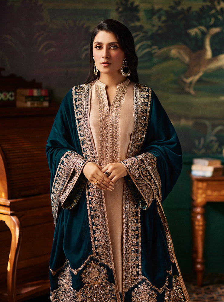 Zainab Chottani AMBER Mesuri Tissue With 9000 micro Velvet Shawl 3 pc - 11574