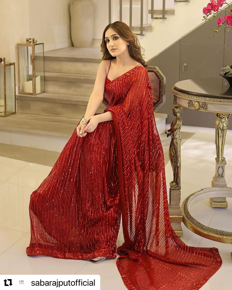 Saba Rajput Tk Saba Rajput RED Saree Chiffon - 11372 – Fashion Flare