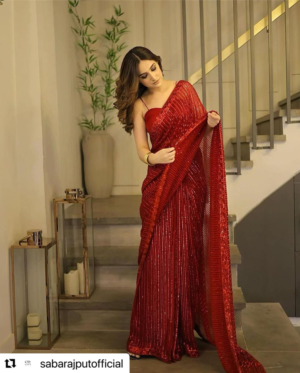 Saba Rajput RED Saree Chiffon - 11372 – Fashion Flare