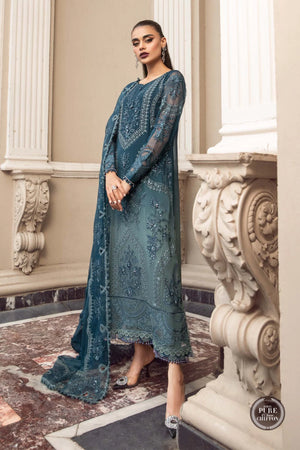 MariaB Embroidered TEAL BLUE Chiffon 3 pc - 09689