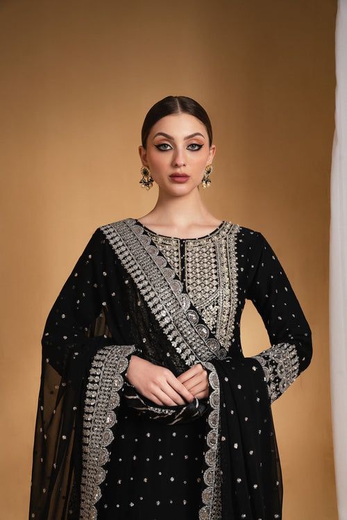 Asim Jofa Chiffon Gharara Embroidered 3 Piece Dress - J0338