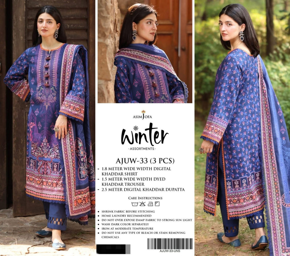 Original Factory Leftover Asim Jofa Khaddar Digital Print 3 Piece Winter Dress - J1201