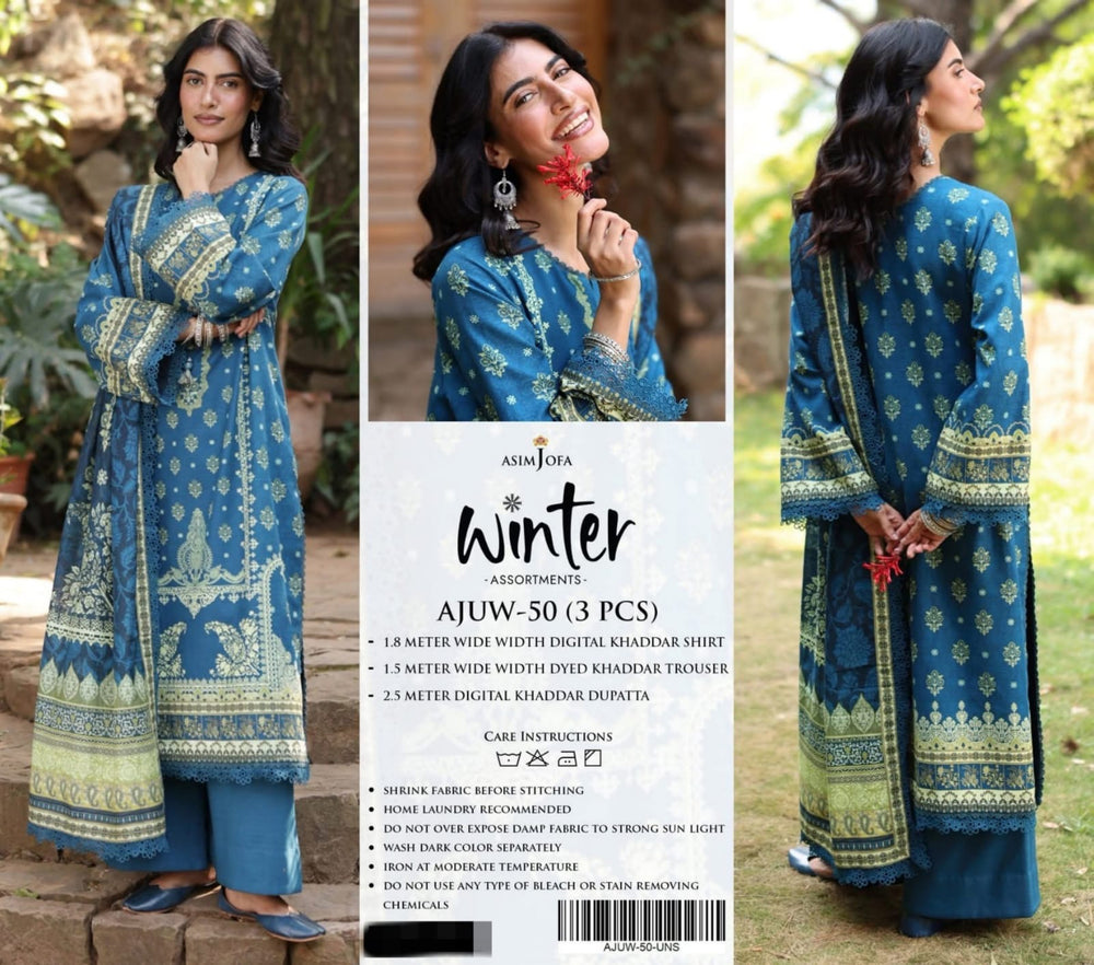 Original Factory Leftover Asim Jofa Khaddar Digital Print 3 Piece Winter Dress - J1203