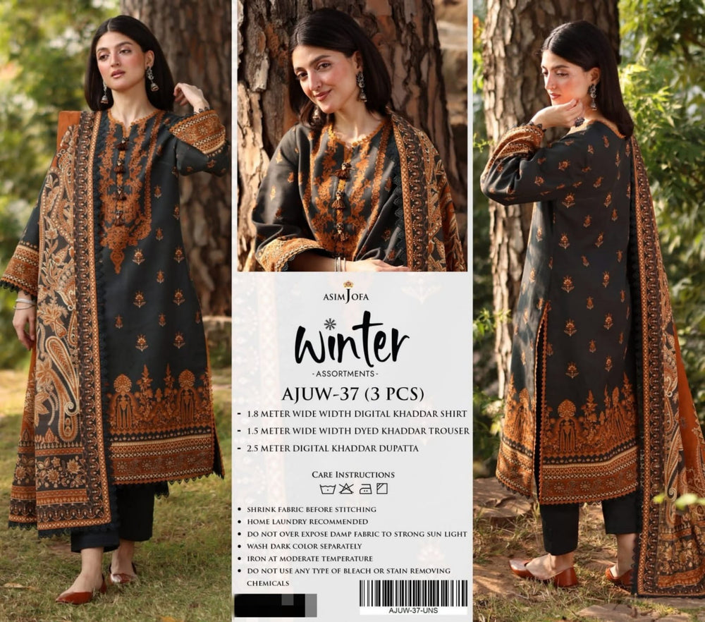 Original Factory Leftover Asim Jofa Khaddar Digital Print 3 Piece Winter Dress - J1205