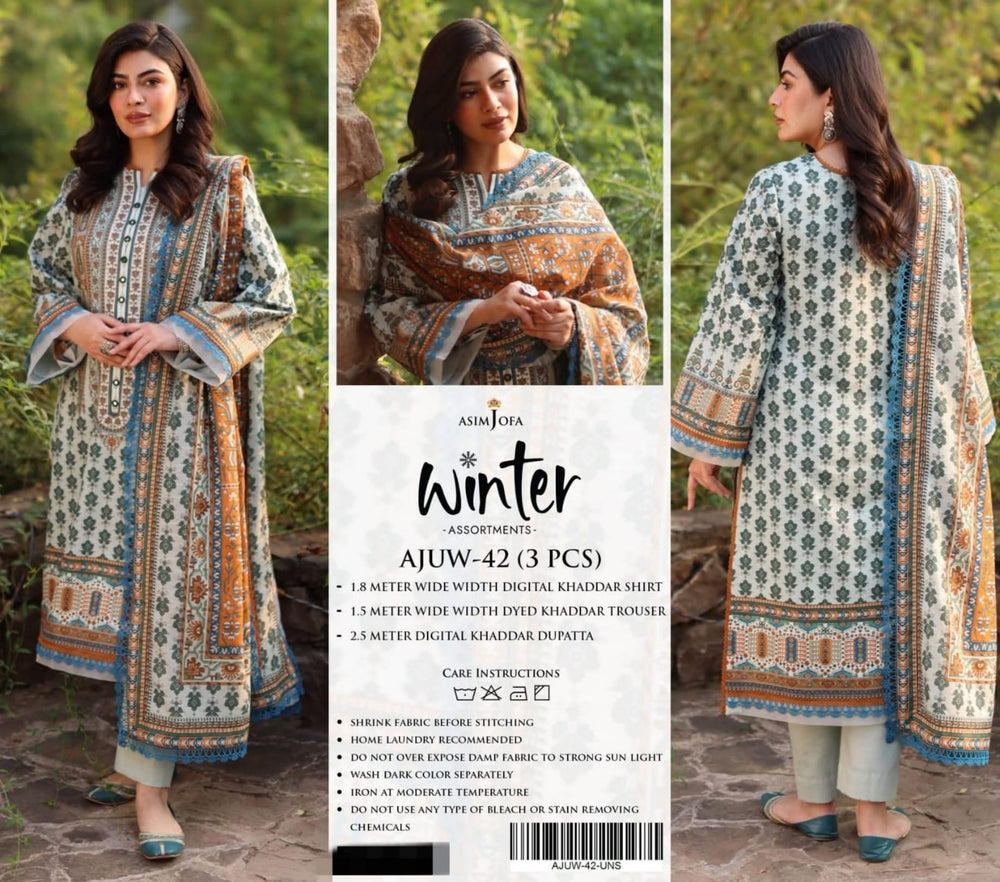 Original Factory Leftover Asim Jofa Khaddar Digital Print 3 Piece Winter Dress - J1206