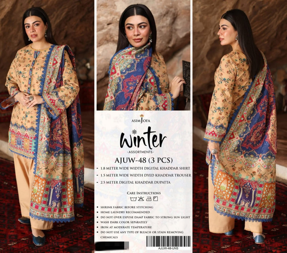 Original Factory Leftover Asim Jofa Khaddar Digital Print 3 Piece Winter Dress - J1207