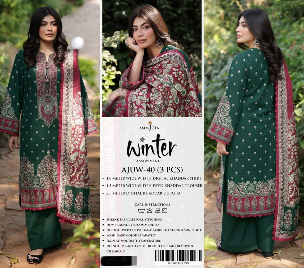 Original Factory Leftover Asim Jofa Khaddar Digital Print 3 Piece Winter Dress - J1208