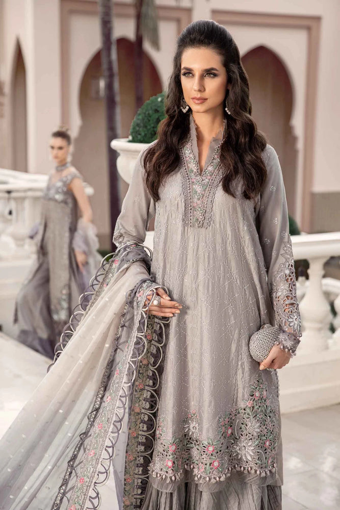 maria b grey dress embroidery winter dress luxury Maria B Unstitched 3 Piece Embroidered Linen Suit MB23LN D4-Grey