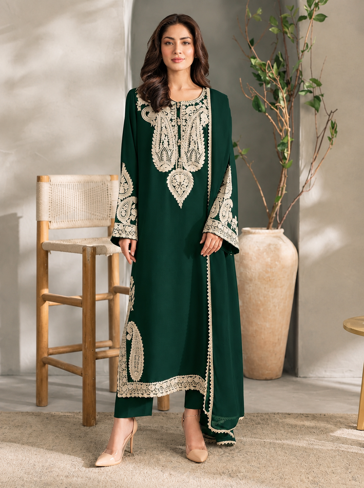 embroidered winter dress Batik Dhanak 2 Piece back buttons Sage Satin Twill Bridesmaid COLOR:Sage/Gold inspired floral embroidery at