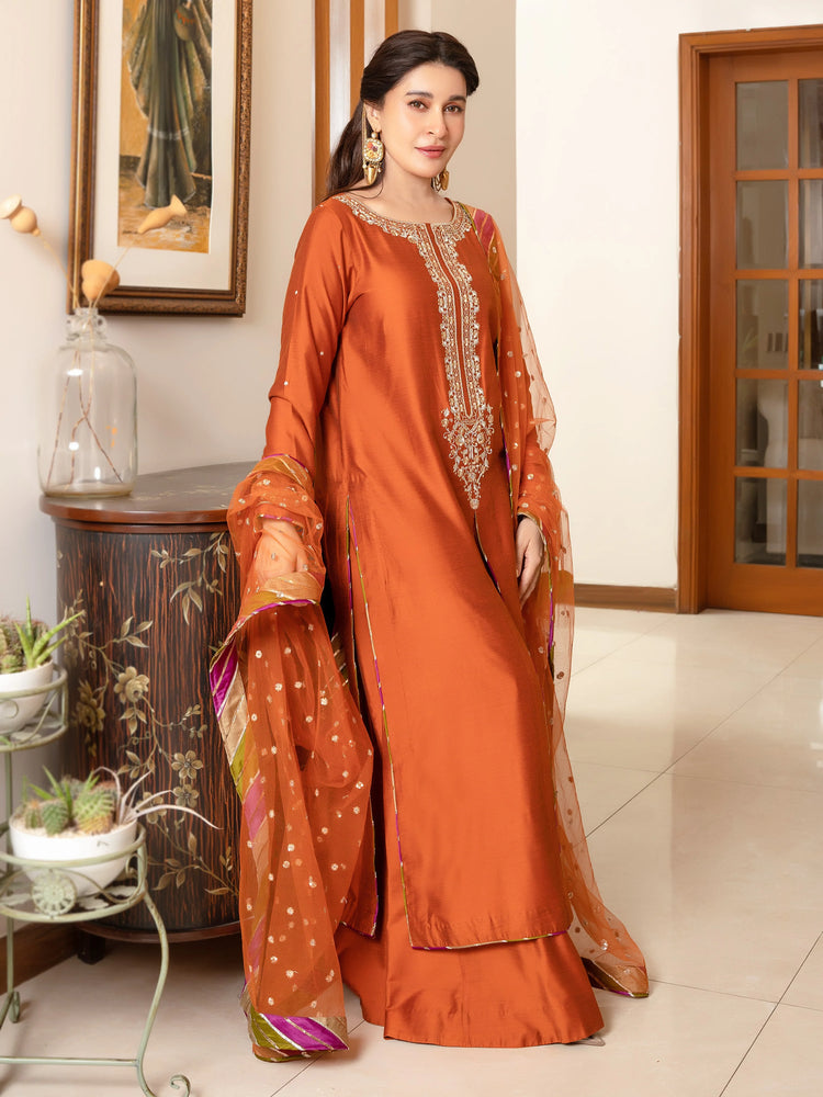 Sheen DASTOOR Raw silk Hand Embellished & Embroidered 3 Piece Dress - J0307