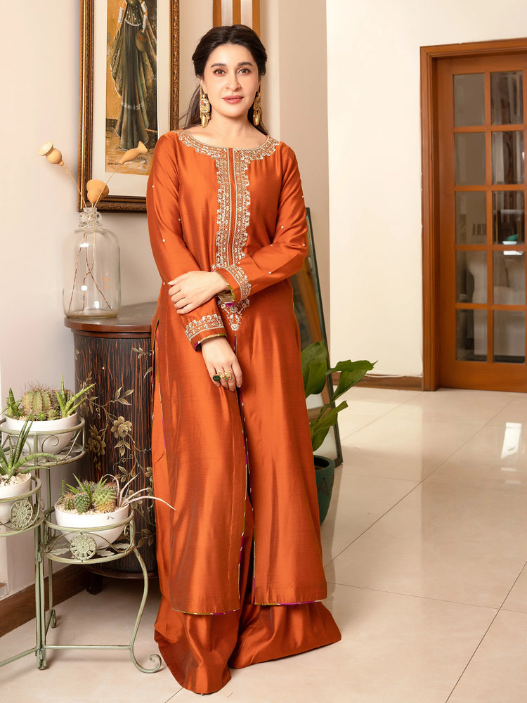 Sheen DASTOOR Raw silk Hand Embellished & Embroidered 3 Piece Dress - J0307