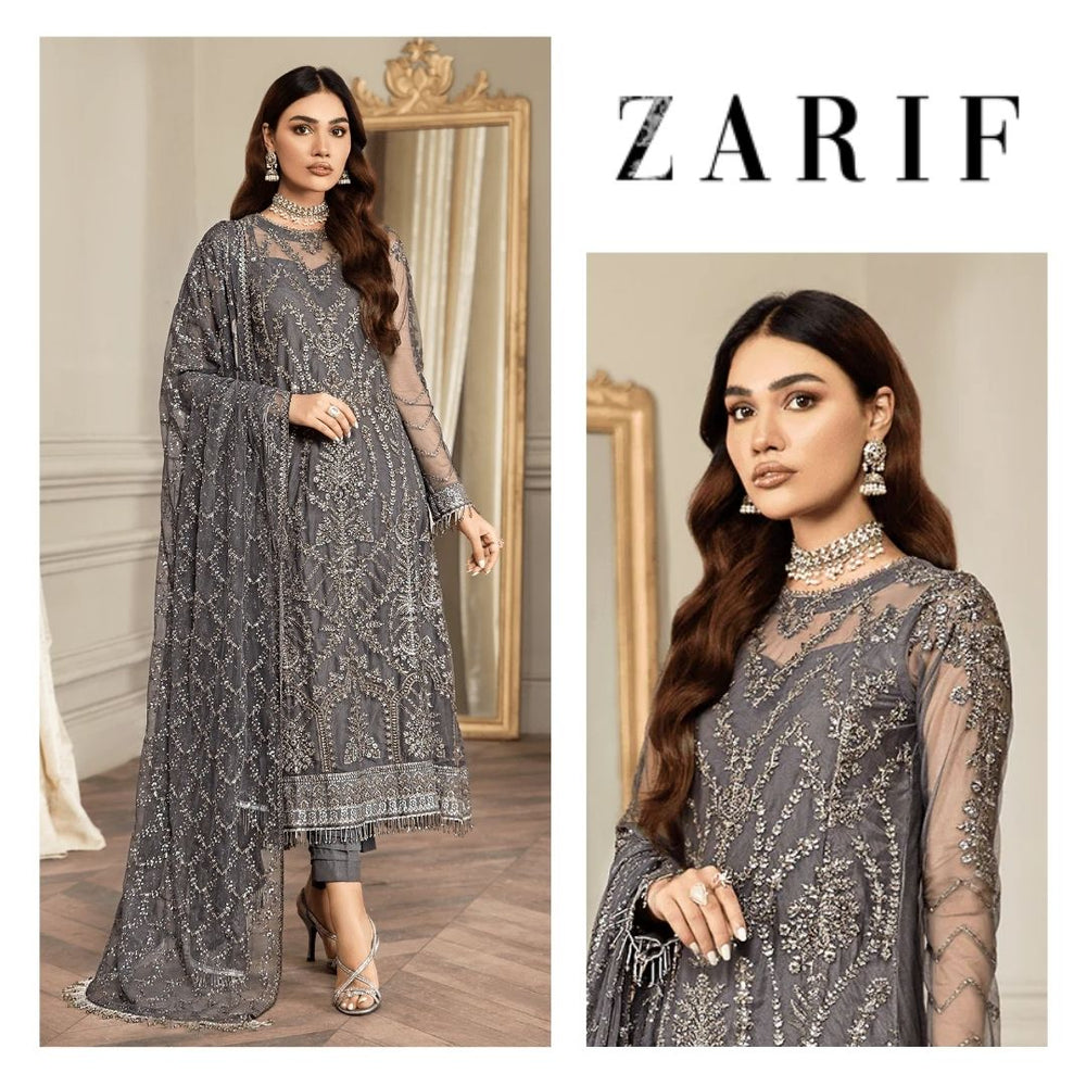 Zarif STORM GREY Net Embroidered 4 Piece Dress - 20323