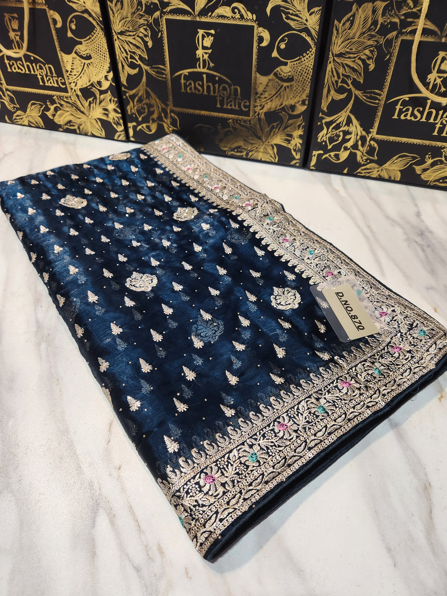 Original Indian Saree Burberry Silk Tilla & Thread Embroidered with Zi ...