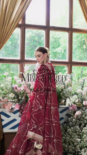 
            
                Load and play video in Gallery viewer, MariaB Mbroidered MAROON 3 Piece Organza Dress - 20335
            
        