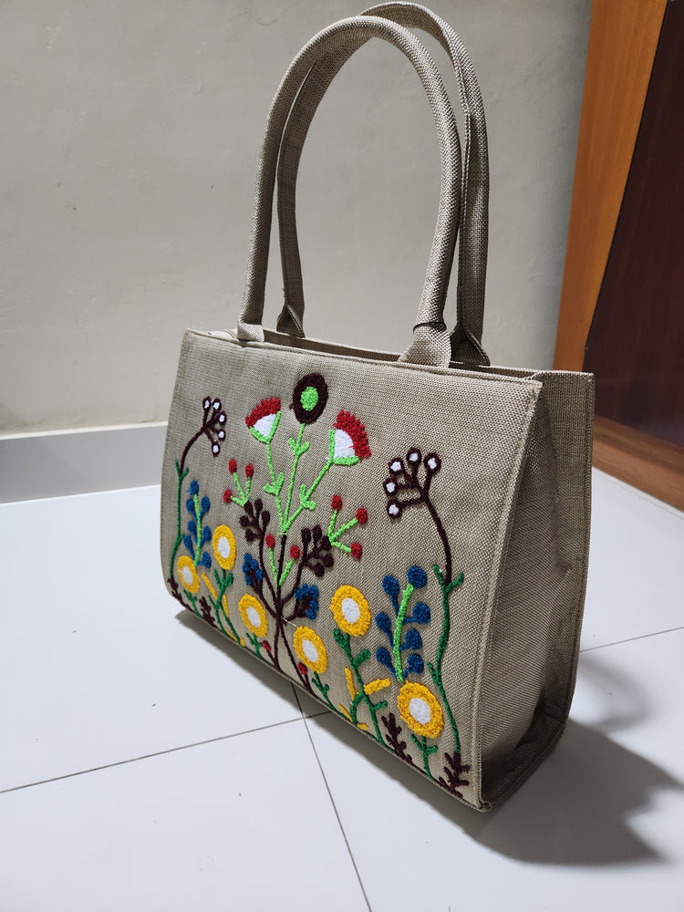 Branded Original Factory Leftover Jute Hand Embroidered Tote Bag - J1212