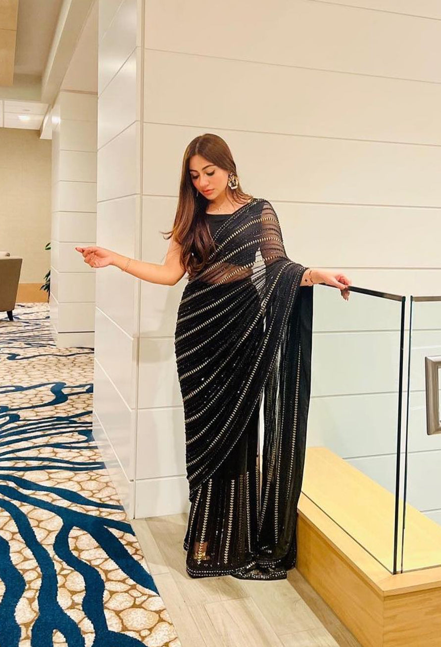Saba Rajput BLACK BEADS Chiffon Saree - 09238 – Fashion Flare