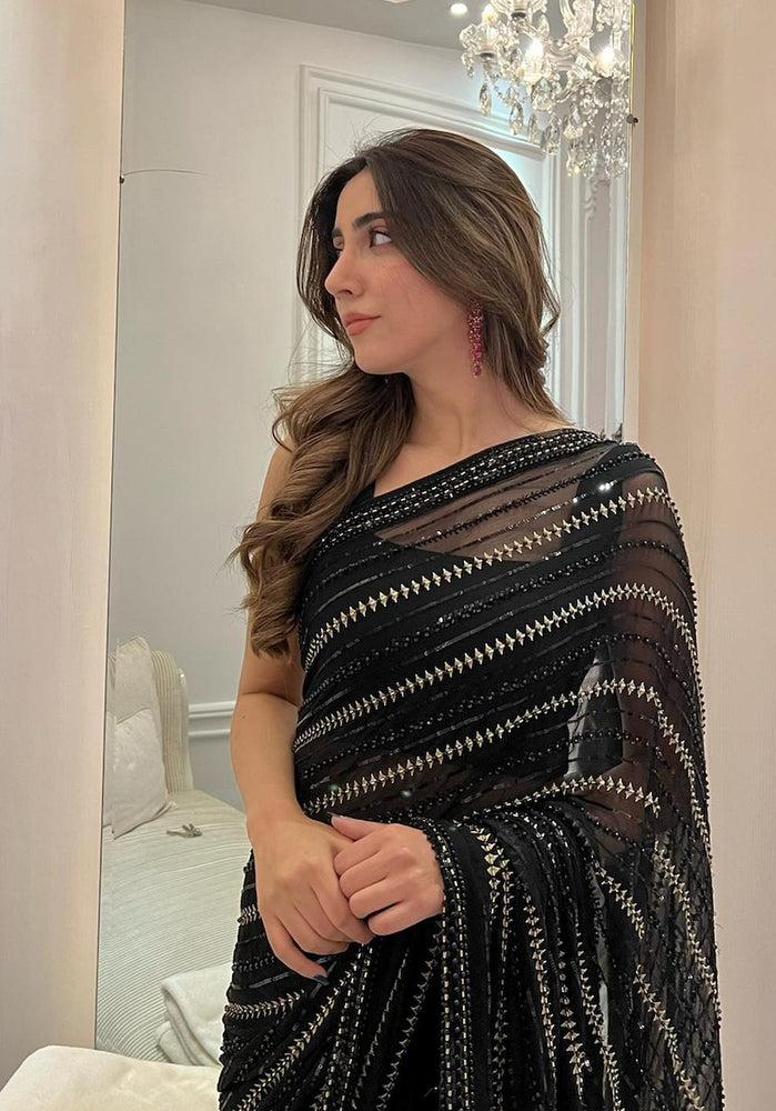 Saba Rajput Saba Rajput BLACK BEADS Chiffon Saree - 09238 – Fashion Flare